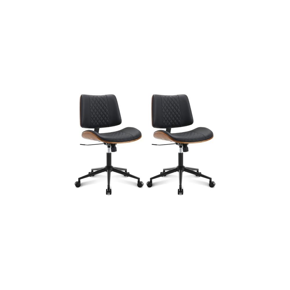 Home Office Chair No Arms with Wheels, Mid Back Walnut Style,Black-2
