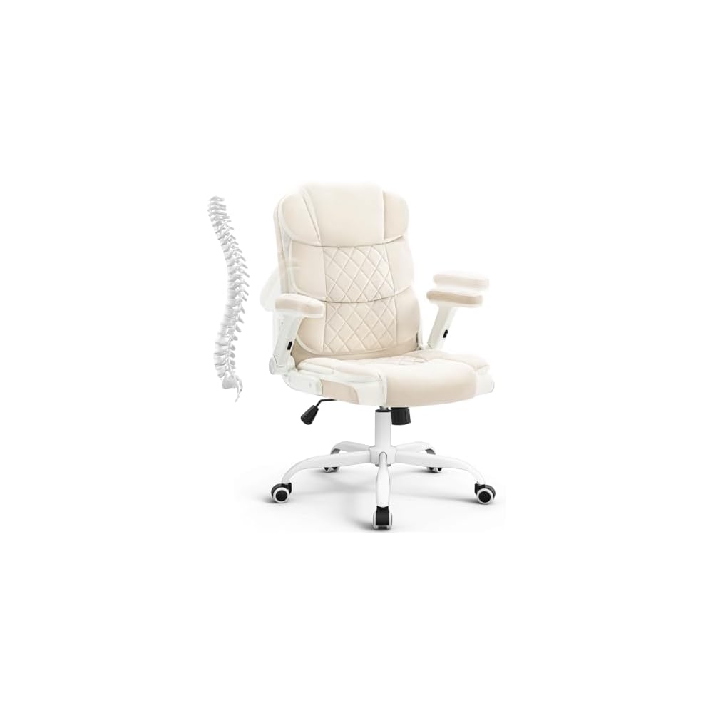 SEATZONE White Office Chair -Beige Velvet Ergonomic Adjustable Computer Chair with Wheels and Flip-up Arms,Small Comfy Executive Work Chair for Home Office