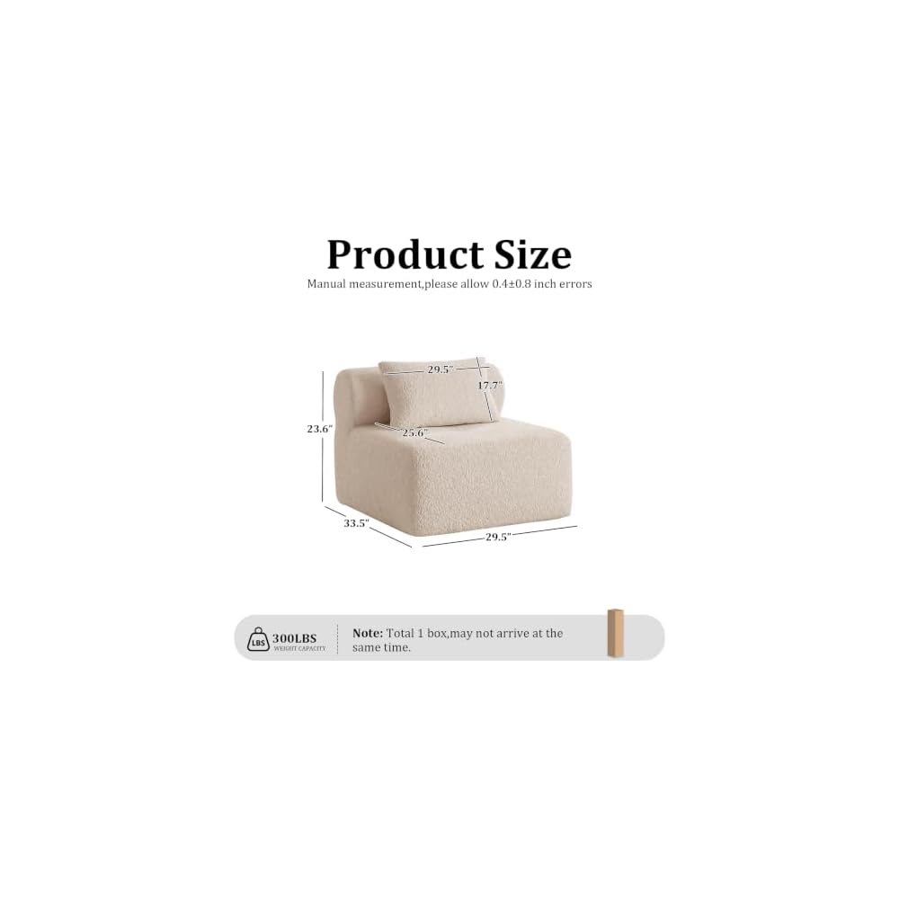 30" Boneless Couch Modular Sectional Sofa No Assembly, Cloud Couch Sectional Couch with Deep Seat, Comfy Boucle Armless Single Chair, Compressed Fluffy Couches for Living Room Apartment(Beige)