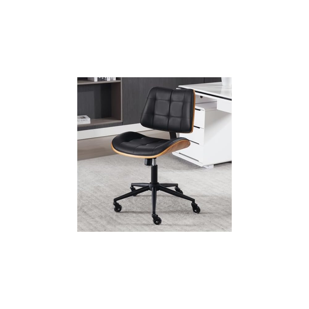 Home Office Chair No Arms with Wheels, Mid Back Walnut Style,Black-2