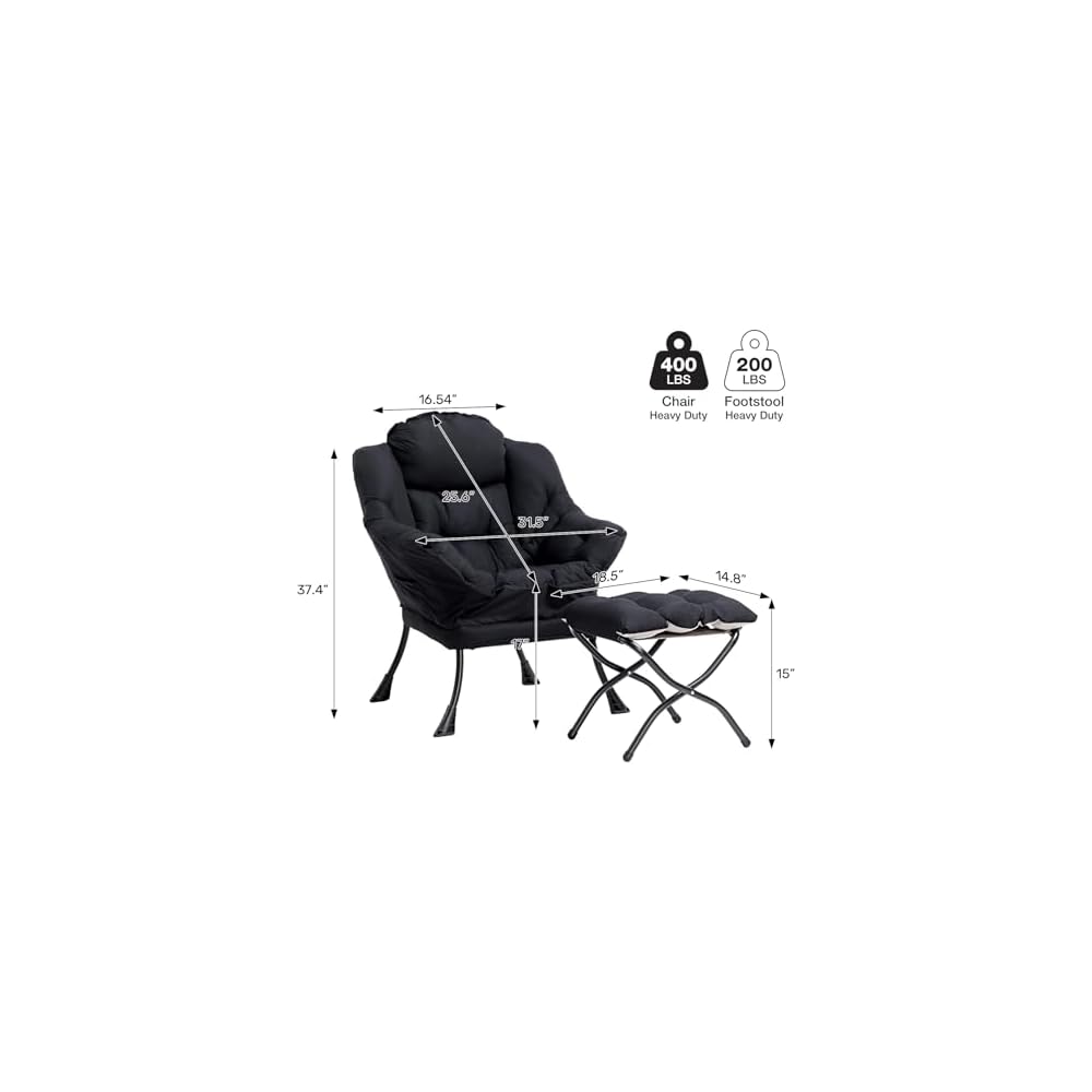 HollyHOME Lazy Chair with Foldable Ottoman, Accent Comfy Lounge Armchair and Folding Footrest Stool, Leisure Sofa Reading Chair and Footstool for Living Room, Bedroom, Dorm,Black