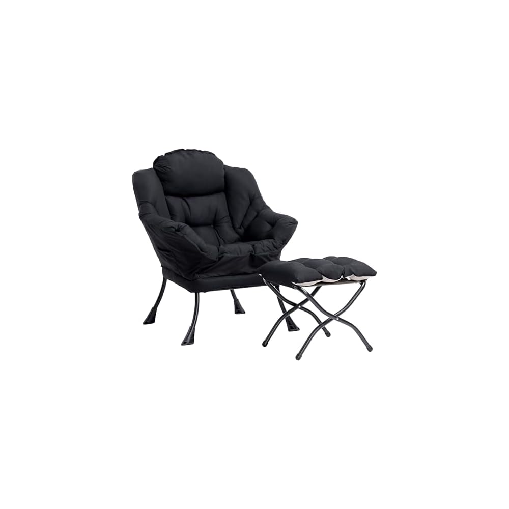 HollyHOME Lazy Chair with Foldable Ottoman, Accent Comfy Lounge Armchair and Folding Footrest Stool, Leisure Sofa Reading Chair and Footstool for Living Room, Bedroom, Dorm,Black