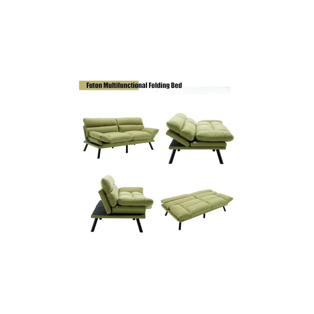 70"Modern Linen Convertible Folding Futon Couch Sofa Bed Adjustable Pillow Top Arm Memory Foam Couch Double Loveseat Sofa for Compact Living Space,Dorm,Game Studio,Apartment,Bedroom (Green)