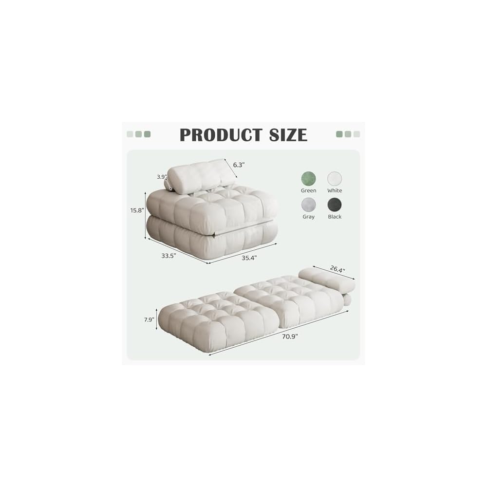 3-in-1 Folding Sofa Bed, 35.4" Convertible Sleeper Chair Bed with Pillow Back Support, Portable Pull Out Velvet Futon Lounge Couch, Comfy Floor Mattress for Living Room Bedroom - White, Single