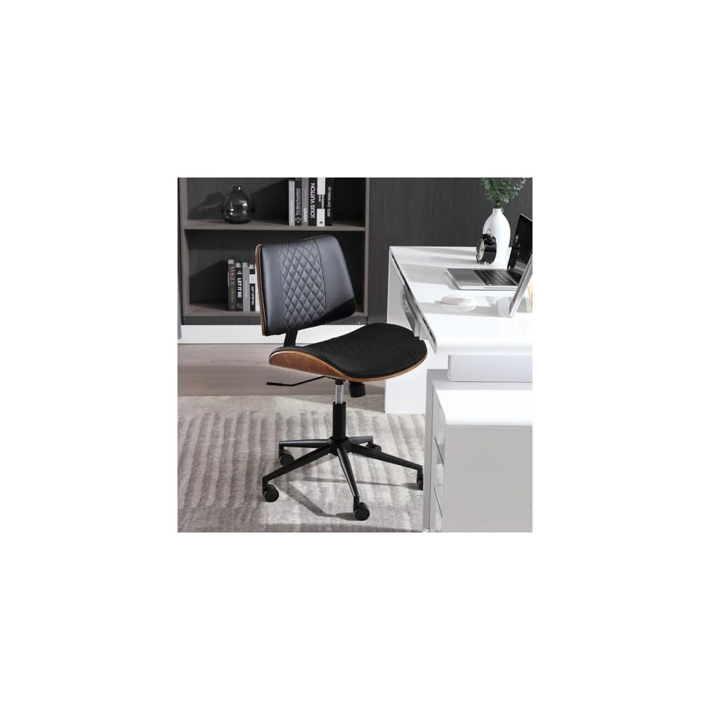 Home Office Chair No Arms with Wheels, Mid Back Walnut Style,Black-2
