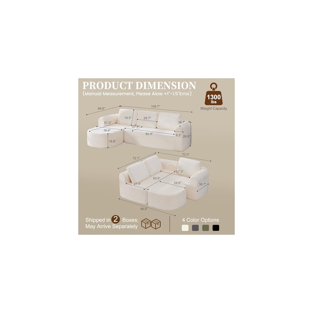 108” Modular Sectional Sofa, Boneless Couches for Living Room, Deep Seat L-Shape Cloud Couch with Chaise,Comfy Sofa Freely Change Configurations No Assembly Required,Soft Plush Corduroy Fabric(Beige)
