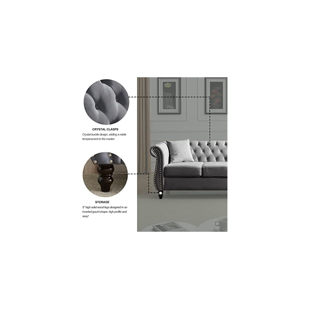 80" Chesterfield Velvet Sofa for Living Room, 3 Seater Sofa Tufted Couch with Rolled Arms and Nailhead for Living Room, Bedroom, Office,Grey