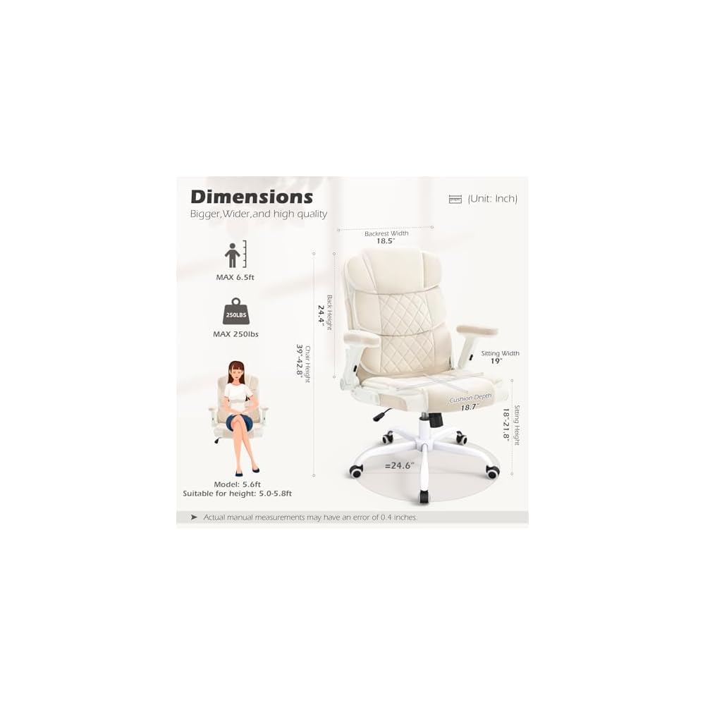 SEATZONE White Office Chair -Beige Velvet Ergonomic Adjustable Computer Chair with Wheels and Flip-up Arms,Small Comfy Executive Work Chair for Home Office
