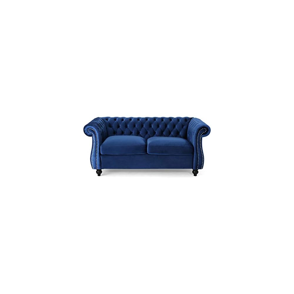 Christopher Knight Home Karen Traditional Chesterfield Loveseat Sofa, Navy Blue and Dark Brown, 61.75 x 33.75 x 27.75