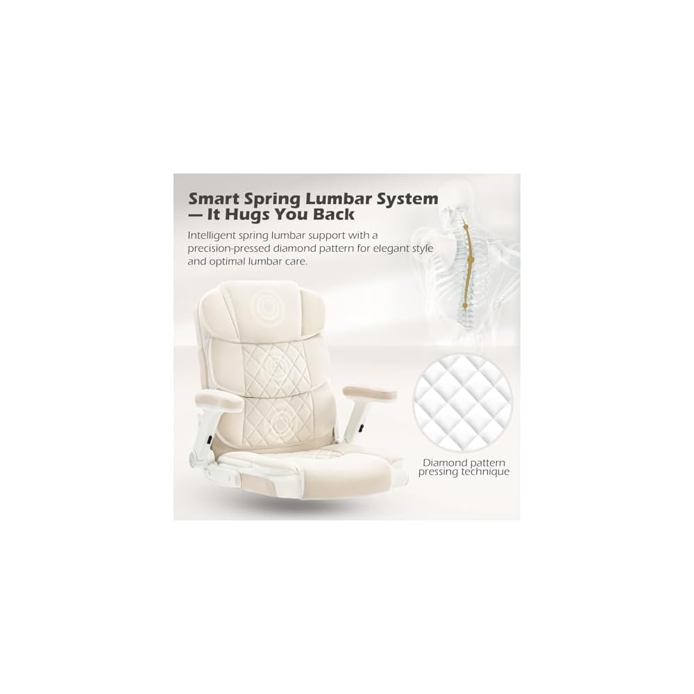 SEATZONE White Office Chair -Beige Velvet Ergonomic Adjustable Computer Chair with Wheels and Flip-up Arms,Small Comfy Executive Work Chair for Home Office
