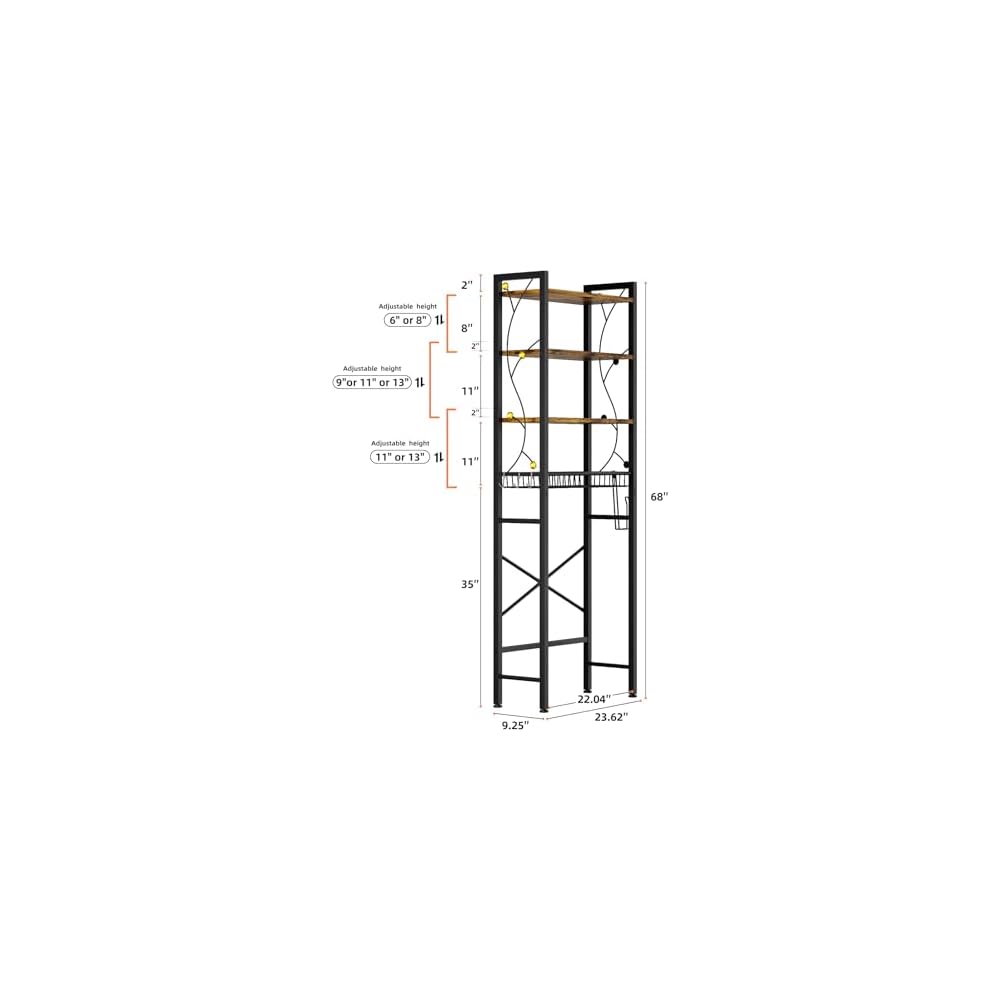 Over-The-Toilet Storage Rack, 4-Tier Bathroom Organizer Shelf Over Toilet with Adjustable Shelf and Basket, Freestanding Space Saver Bathroom Shelves Above Toilet for Room (Rustic Brown)
