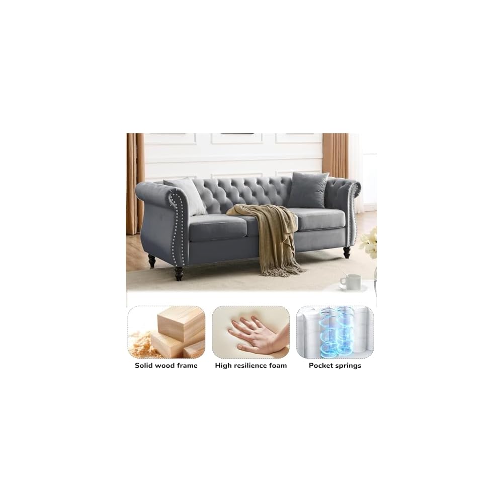 80" Chesterfield Velvet Sofa for Living Room, 3 Seater Sofa Tufted Couch with Rolled Arms and Nailhead for Living Room, Bedroom, Office,Grey