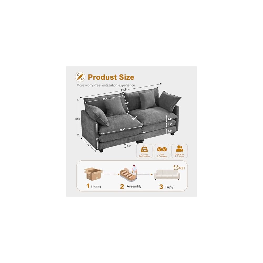 77" Cloud Sofa Loveseat & Couch｜Small 2-Seater Chenille Sectional Sofa with 29.1" Deep Seat｜FSC Certified Solid Wood & Metal Frame｜Easy Assembly & 1YR Guarantee｜ for Apartment Living Room Bedroom