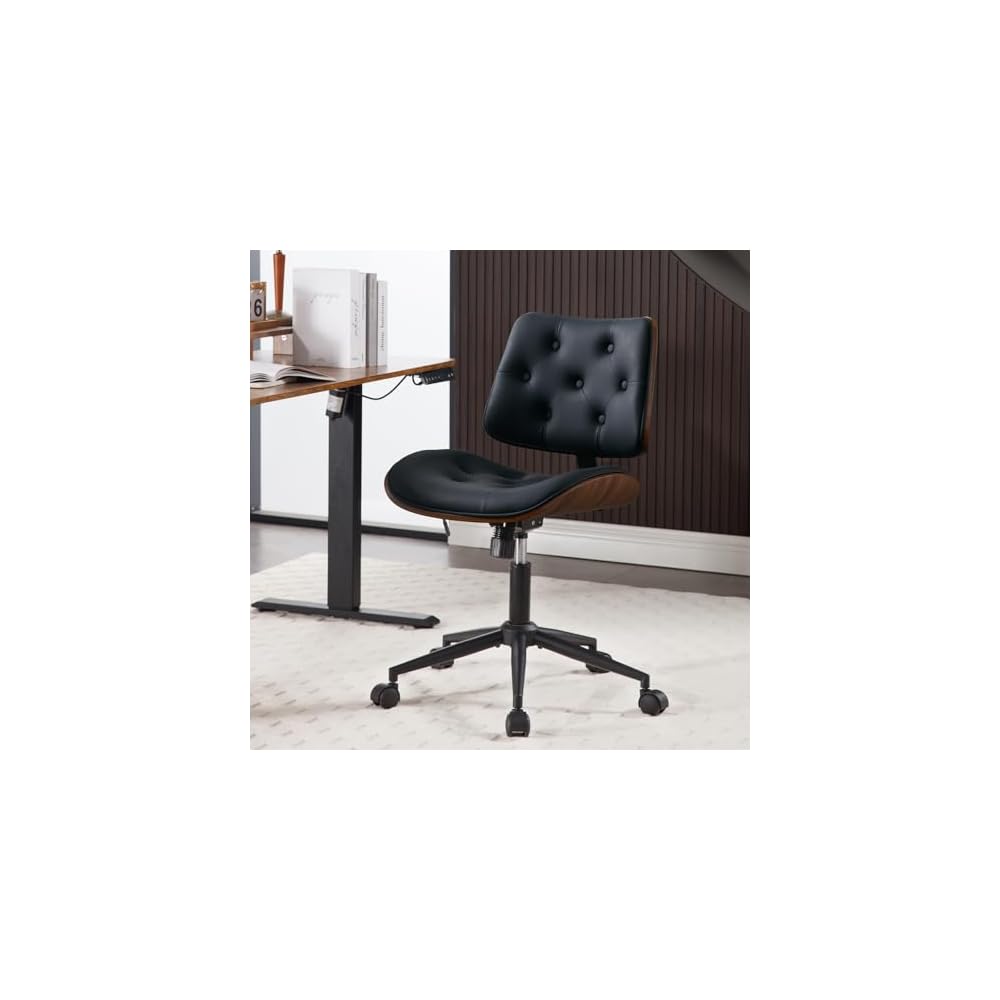 Home Office Chair No Arms with Wheels, Mid Back Walnut Style,Black-2