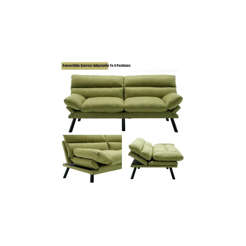 70"Modern Linen Convertible Folding Futon Couch Sofa Bed Adjustable Pillow Top Arm Memory Foam Couch Double Loveseat Sofa for Compact Living Space,Dorm,Game Studio,Apartment,Bedroom (Green)
