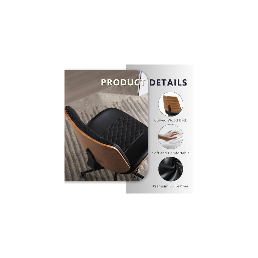 Home Office Chair No Arms with Wheels, Mid Back Walnut Style,Black-2