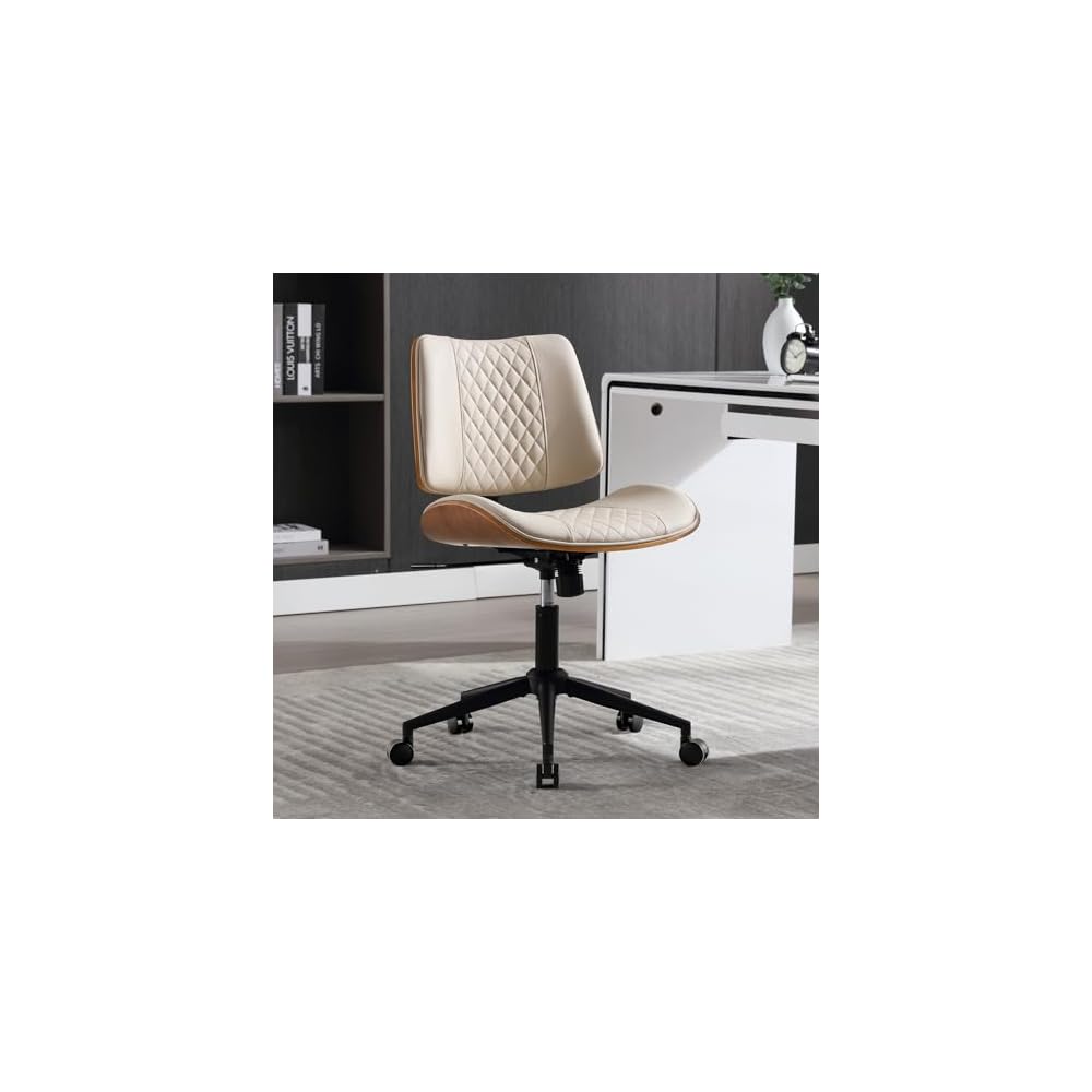 Home Office Chair No Arms with Wheels, Mid Back Walnut Style,Black-2