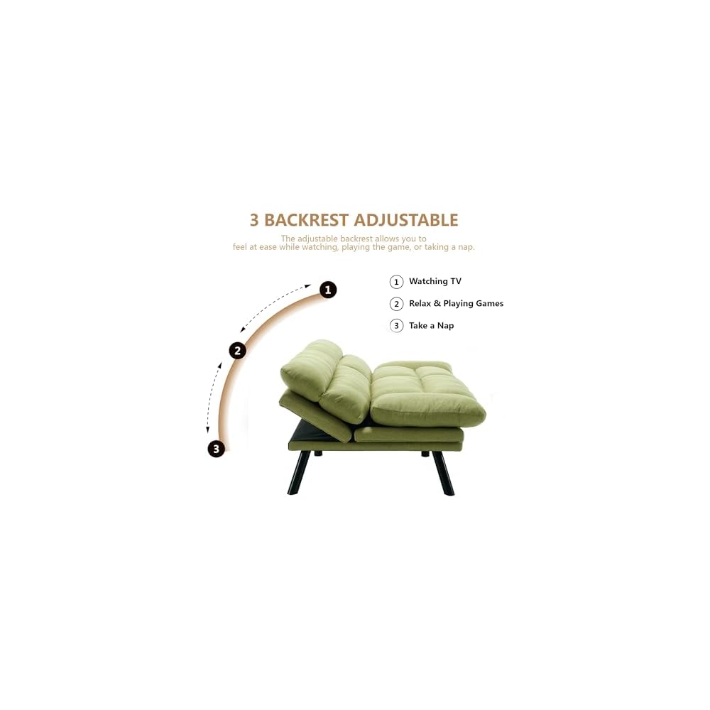 70"Modern Linen Convertible Folding Futon Couch Sofa Bed Adjustable Pillow Top Arm Memory Foam Couch Double Loveseat Sofa for Compact Living Space,Dorm,Game Studio,Apartment,Bedroom (Green)