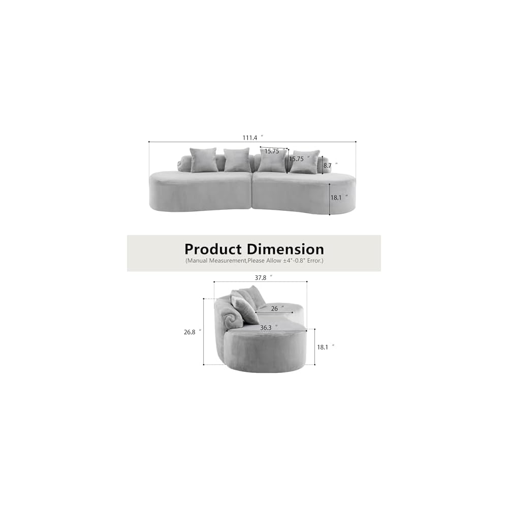 GDFStudio Modern Curved Modular Sofa Couch, Plush Upholstered Sectional Sofa for Living Room, Multi Person Seating with High Density Foam, Contemporary Lounge Furniture for Apartment, Grey