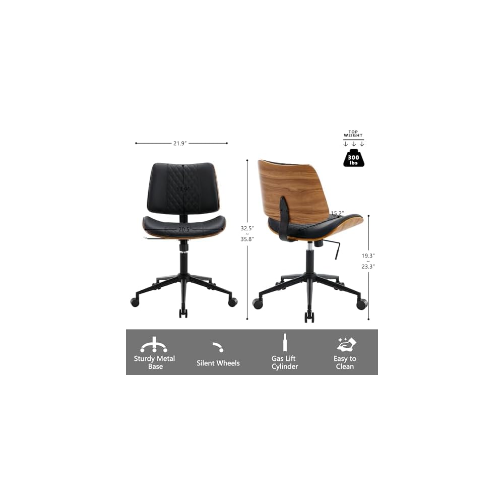 Home Office Chair No Arms with Wheels, Mid Back Walnut Style,Black-2