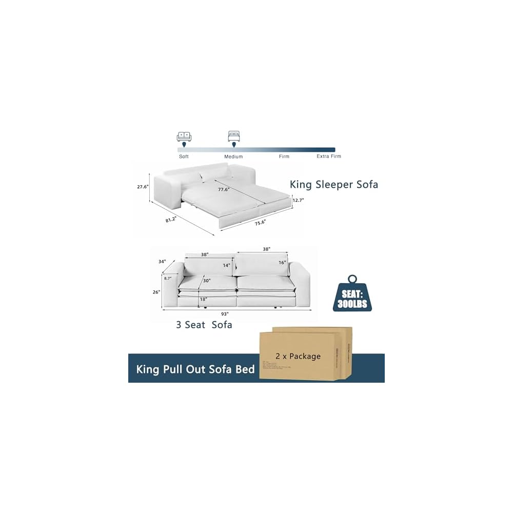 93" Sleeper Sofa Bed King Size, Boucle Pull Out Couch, Blue