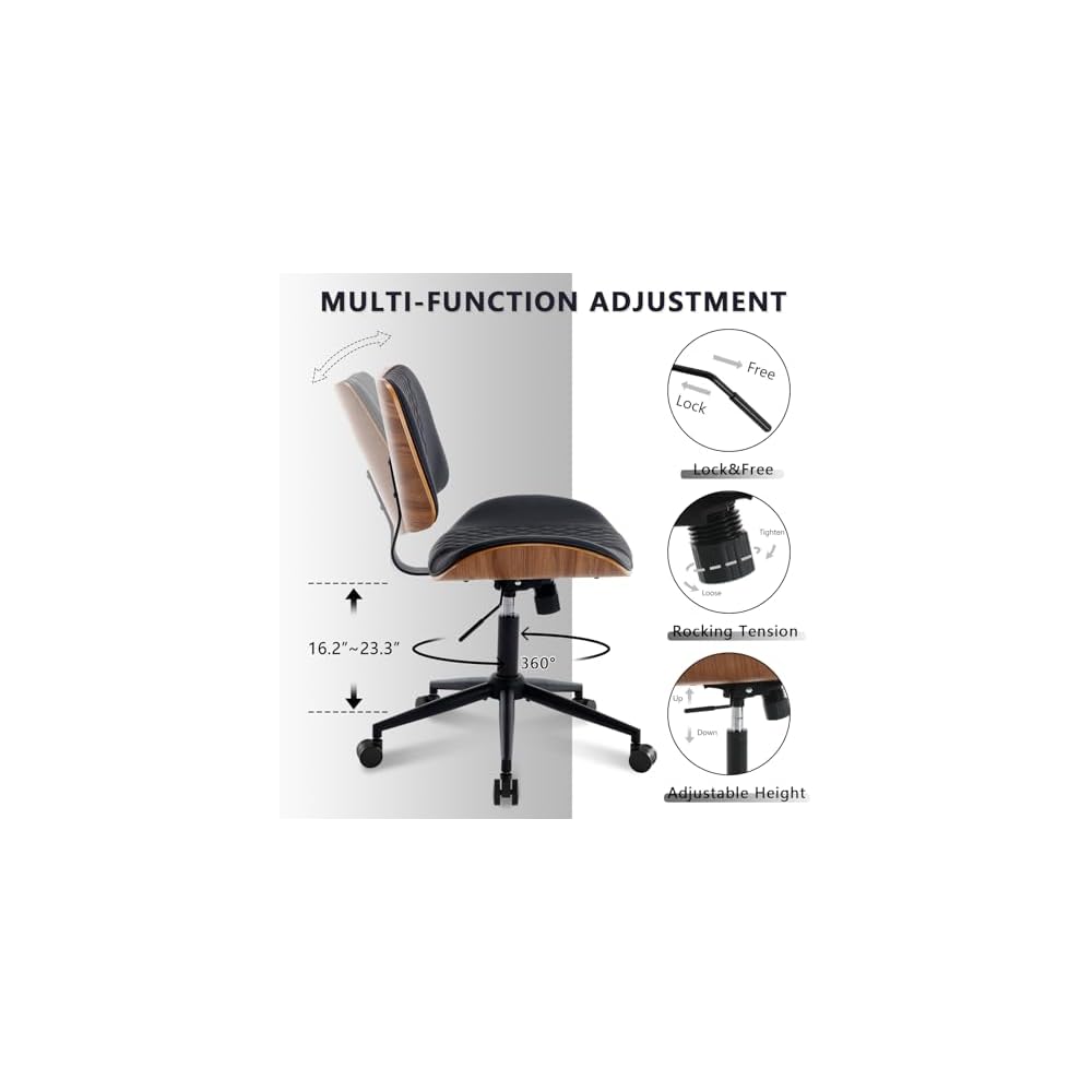 Home Office Chair No Arms with Wheels, Mid Back Walnut Style,Black-2