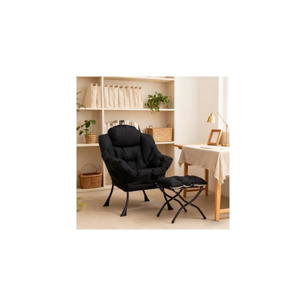 HollyHOME Lazy Chair with Foldable Ottoman, Accent Comfy Lounge Armchair and Folding Footrest Stool, Leisure Sofa Reading Chair and Footstool for Living Room, Bedroom, Dorm,Black
