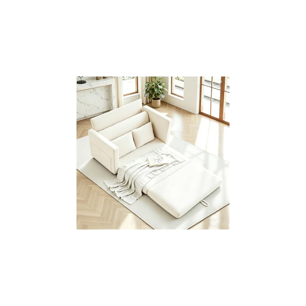 52" Loveseat Sleeper Sofa Bed, Convertible Small Pull Out Couch with Solid Back, 2 Pillows, Modern Upholstered Loveseat for Compact Living Room, Apartment, Bedroom, Beige