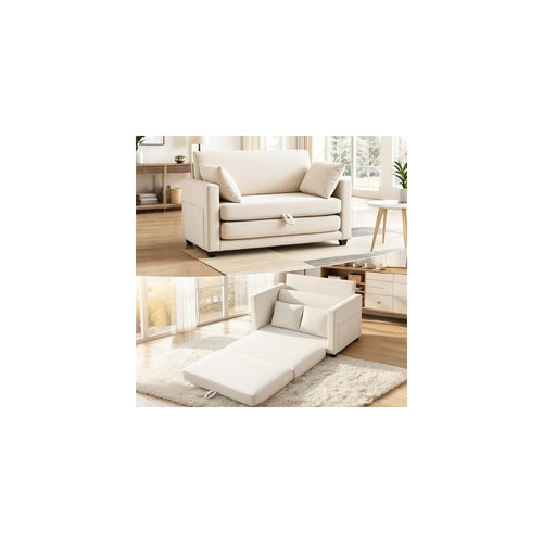52" Loveseat Sleeper Sofa Bed, Convertible Small Pull Out Couch with Solid Back, 2 Pillows, Modern Upholstered Loveseat for Compact Living Room, Apartment, Bedroom, Beige