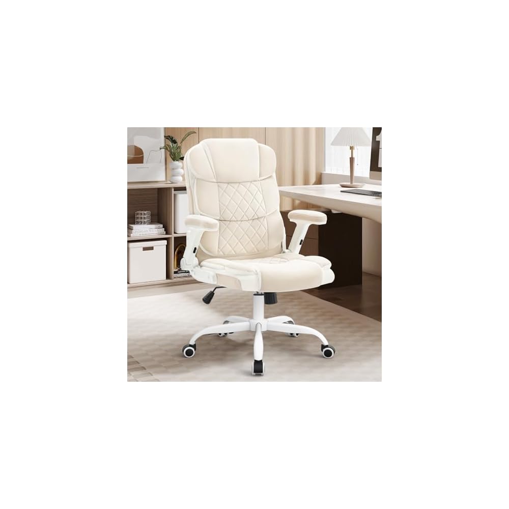 SEATZONE White Office Chair -Beige Velvet Ergonomic Adjustable Computer Chair with Wheels and Flip-up Arms,Small Comfy Executive Work Chair for Home Office