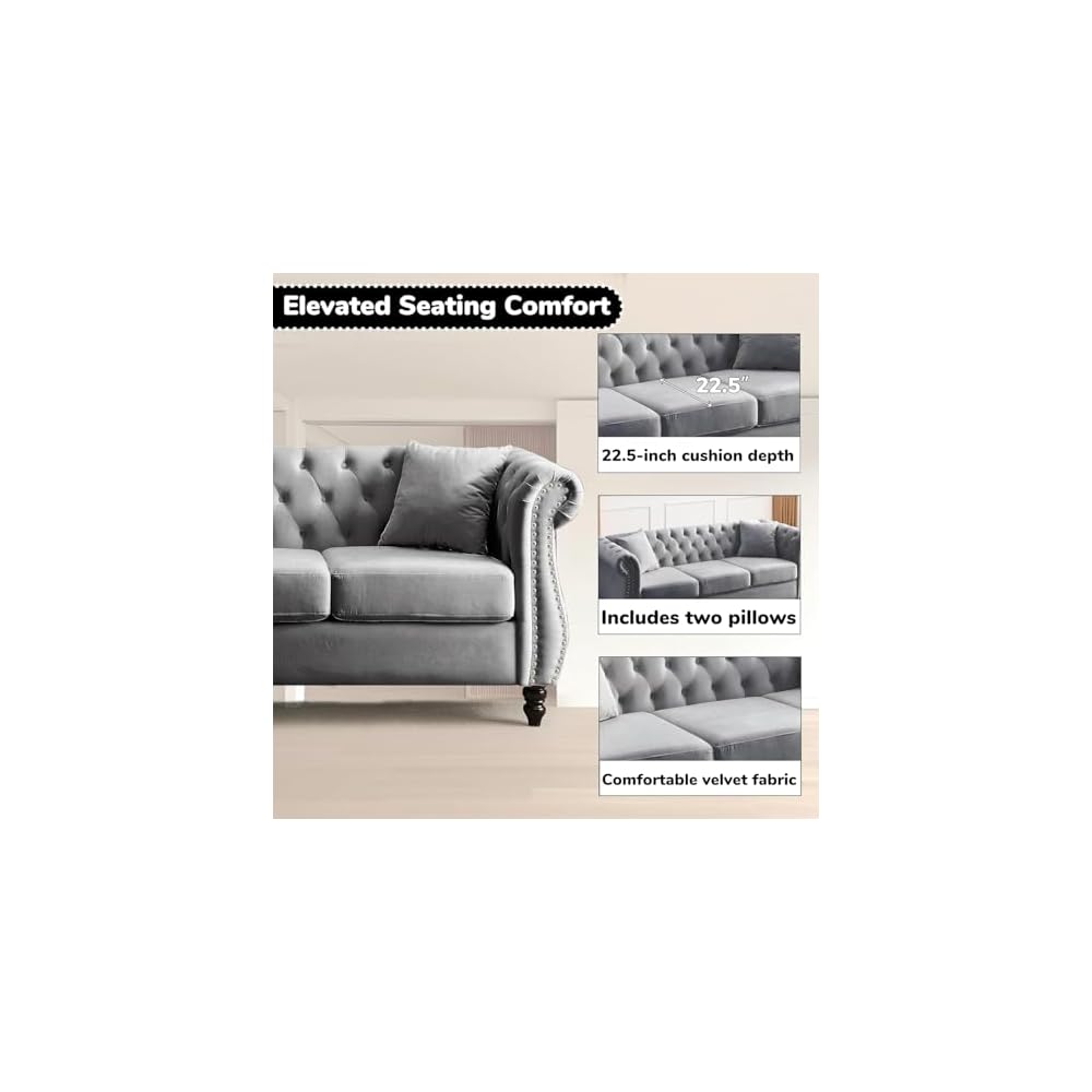 80" Chesterfield Velvet Sofa for Living Room, 3 Seater Sofa Tufted Couch with Rolled Arms and Nailhead for Living Room, Bedroom, Office,Grey