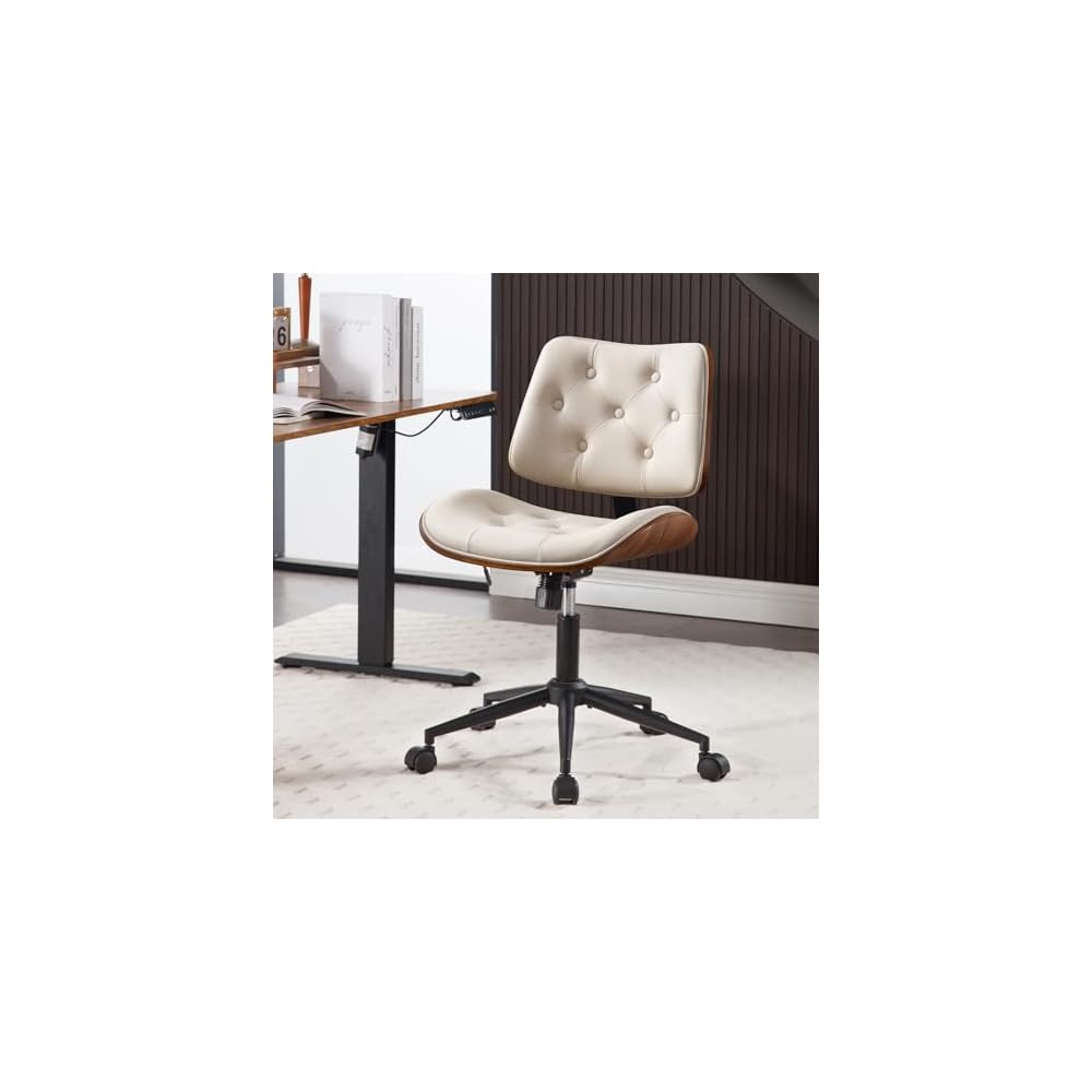 Home Office Chair No Arms with Wheels, Mid Back Walnut Style,Black-2