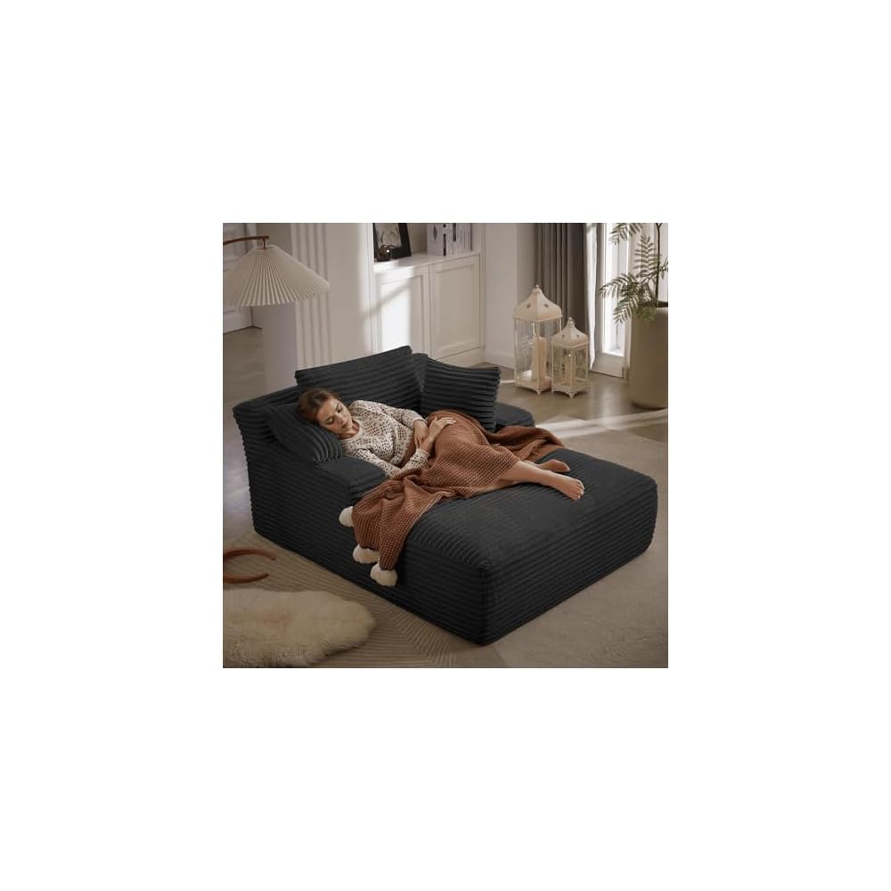 67" Oversized Chaise Lounge Chair Indoor, Corduroy Boneless Chaise Lounge Sofa Chair with Pillows & Wide Armrest, Deep Seat Fluffy Reading Chairs, Small Cloud Couches for Living Room, Black