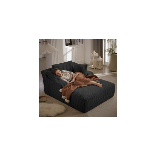 67" Oversized Chaise Lounge Chair Indoor, Corduroy Boneless Chaise Lounge Sofa Chair with Pillows & Wide Armrest, Deep Seat Fluffy Reading Chairs, Small Cloud Couches for Living Room, Black
