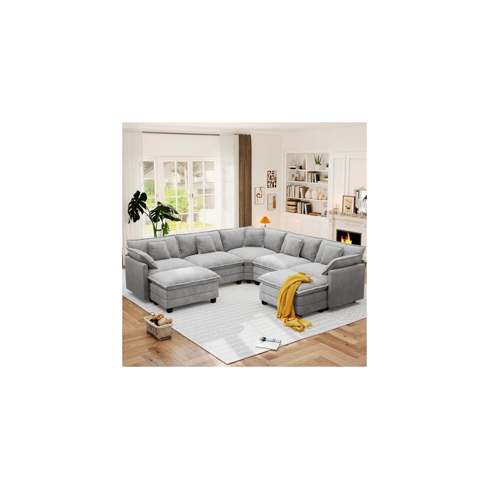 Hanherry Modular Sectional Sofa,Cloud Couch for Living Room,Modern Deep Seat Sofa Chenille Fabric Comfy Couches with Throw Pillows & Movable Ottoman for Apartment
