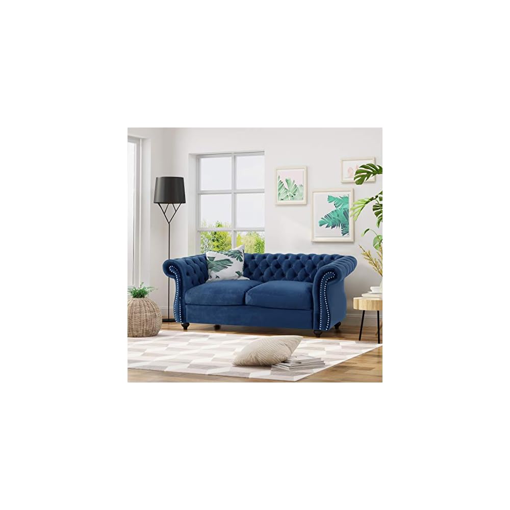 Christopher Knight Home Karen Traditional Chesterfield Loveseat Sofa, Navy Blue and Dark Brown, 61.75 x 33.75 x 27.75