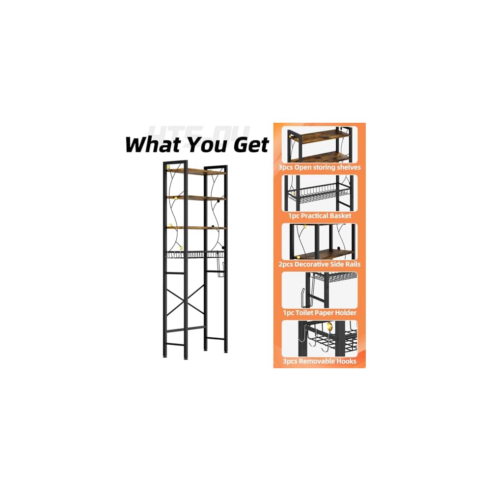 Over-The-Toilet Storage Rack, 4-Tier Bathroom Organizer Shelf Over Toilet with Adjustable Shelf and Basket, Freestanding Space Saver Bathroom Shelves Above Toilet for Room (Rustic Brown)
