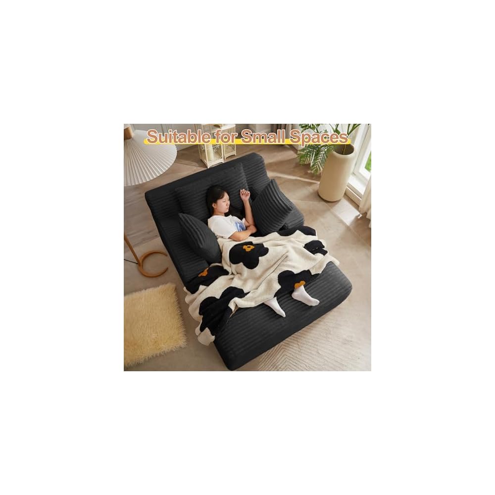 67" Oversized Chaise Lounge Chair Indoor, Corduroy Boneless Chaise Lounge Sofa Chair with Pillows & Wide Armrest, Deep Seat Fluffy Reading Chairs, Small Cloud Couches for Living Room, Black