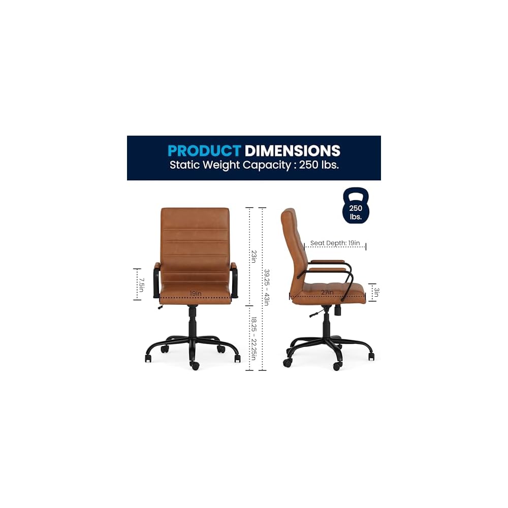 Merrick Lane Milano Contemporary High-Back Brown Faux Leather Home Office Chair with Padded Black Arms