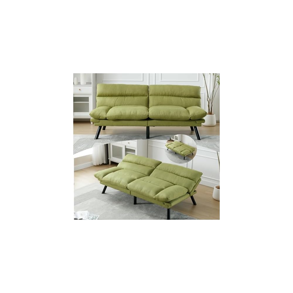 70"Modern Linen Convertible Folding Futon Couch Sofa Bed Adjustable Pillow Top Arm Memory Foam Couch Double Loveseat Sofa for Compact Living Space,Dorm,Game Studio,Apartment,Bedroom (Green)