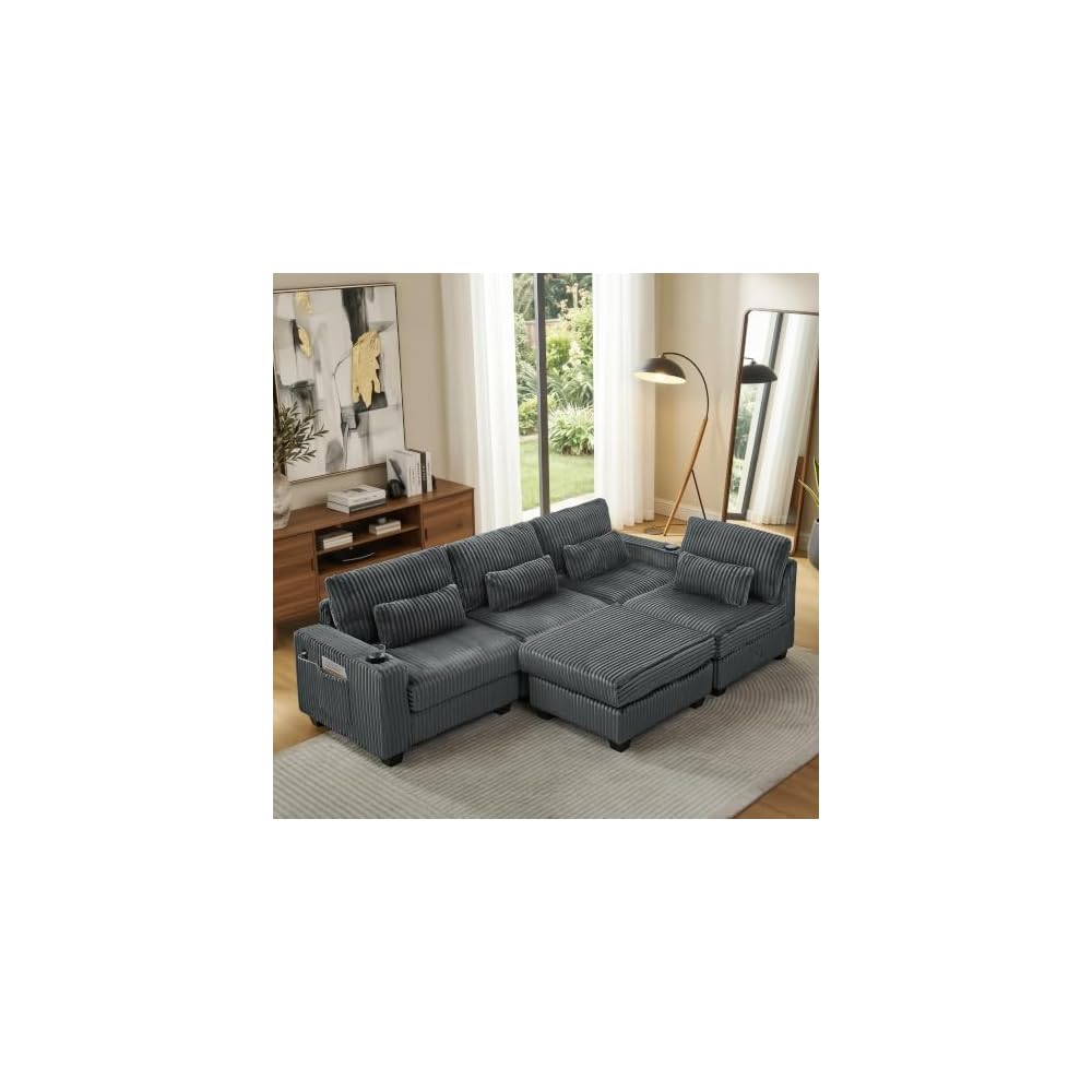 L-Shaped Corduroy Sectional Sofa with Ottoman, Dark Gray