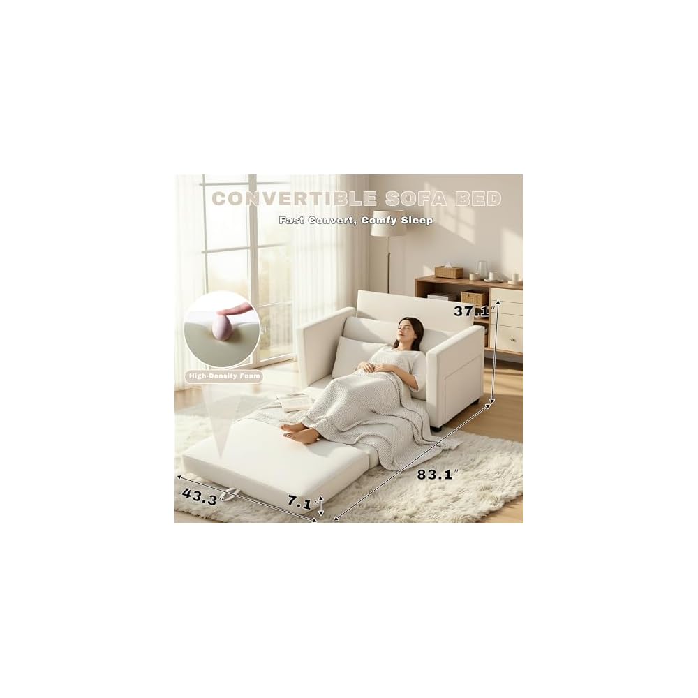 52" Loveseat Sleeper Sofa Bed, Convertible Small Pull Out Couch with Solid Back, 2 Pillows, Modern Upholstered Loveseat for Compact Living Room, Apartment, Bedroom, Beige