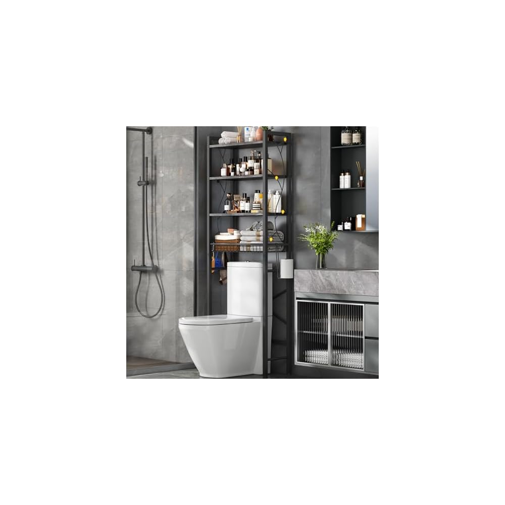 Over-The-Toilet Storage Rack, 4-Tier Bathroom Organizer Shelf Over Toilet with Adjustable Shelf and Basket, Freestanding Space Saver Bathroom Shelves Above Toilet for Room (Rustic Brown)