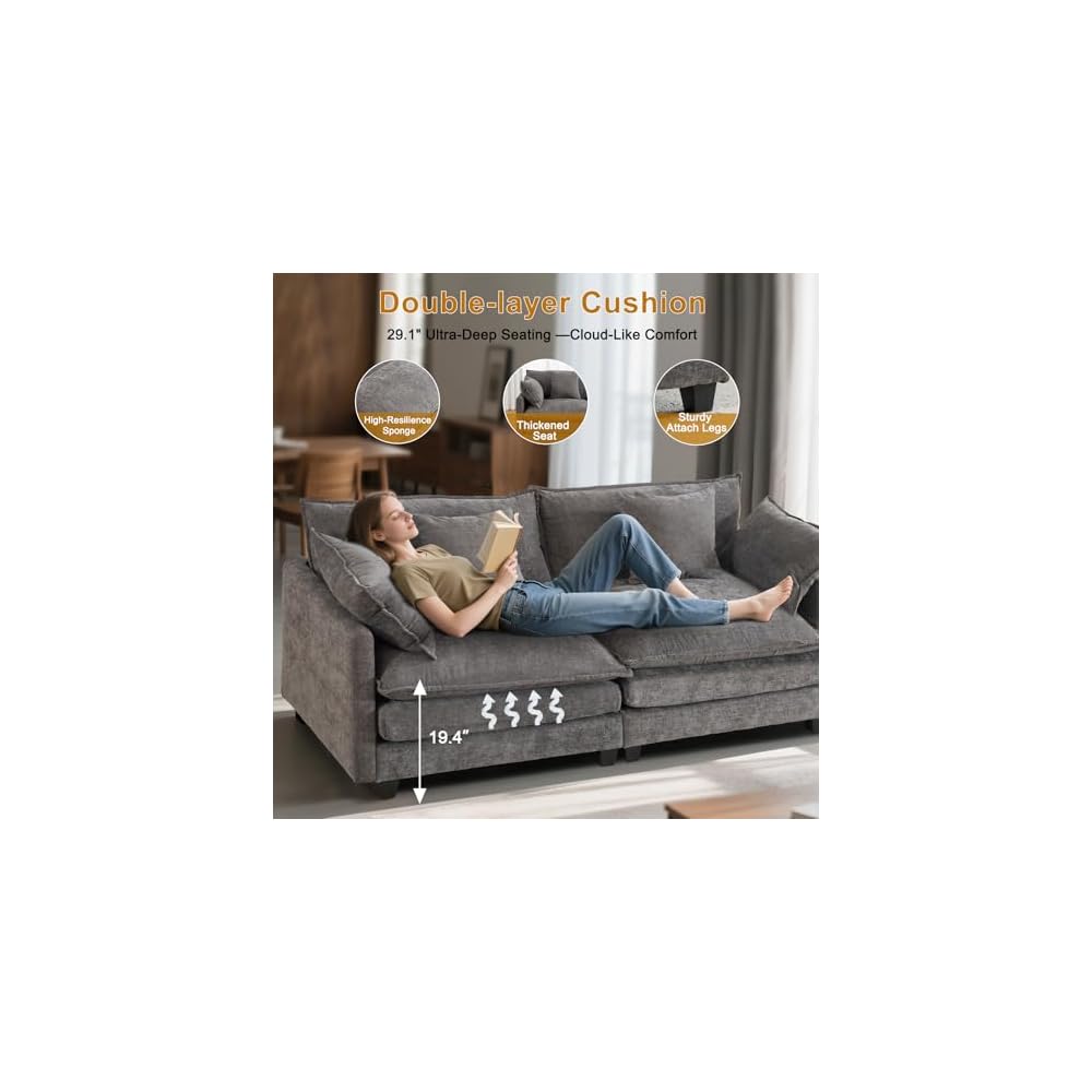 77" Cloud Sofa Loveseat & Couch｜Small 2-Seater Chenille Sectional Sofa with 29.1" Deep Seat｜FSC Certified Solid Wood & Metal Frame｜Easy Assembly & 1YR Guarantee｜ for Apartment Living Room Bedroom