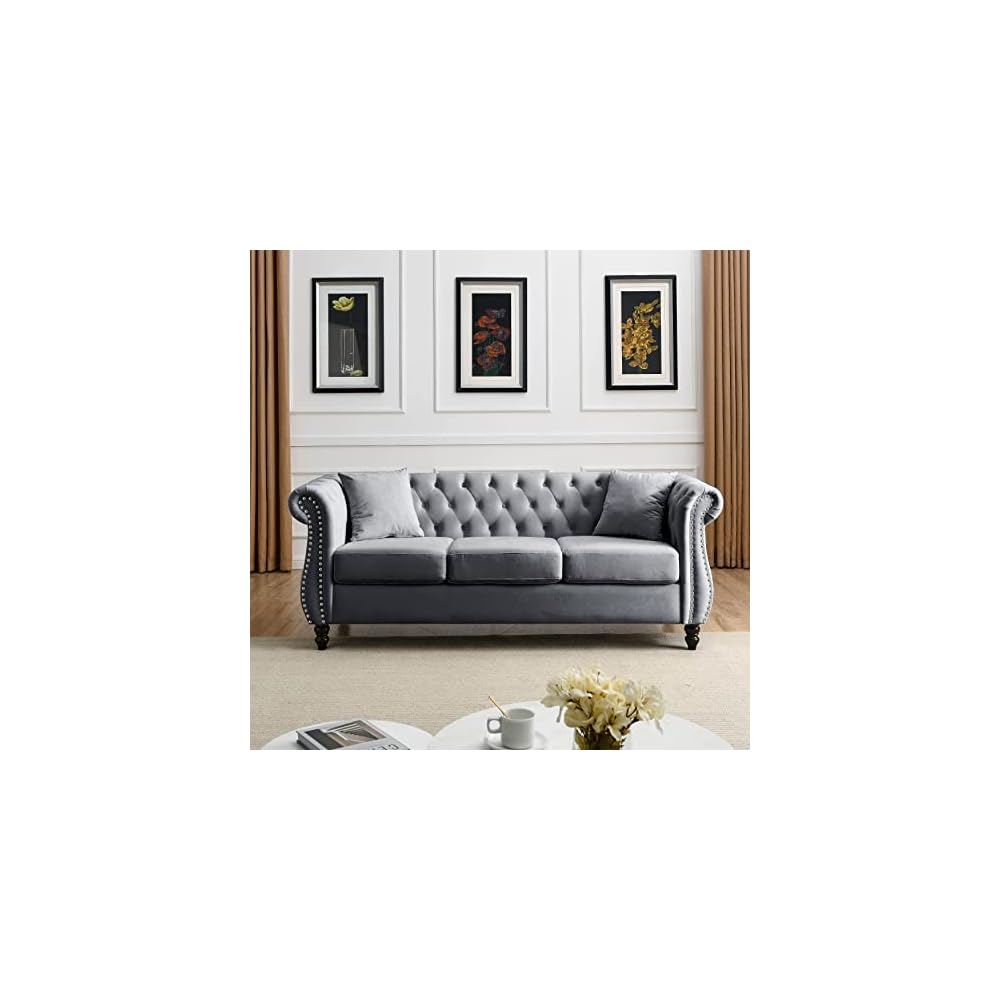 80" Chesterfield Velvet Sofa for Living Room, 3 Seater Sofa Tufted Couch with Rolled Arms and Nailhead for Living Room, Bedroom, Office,Grey