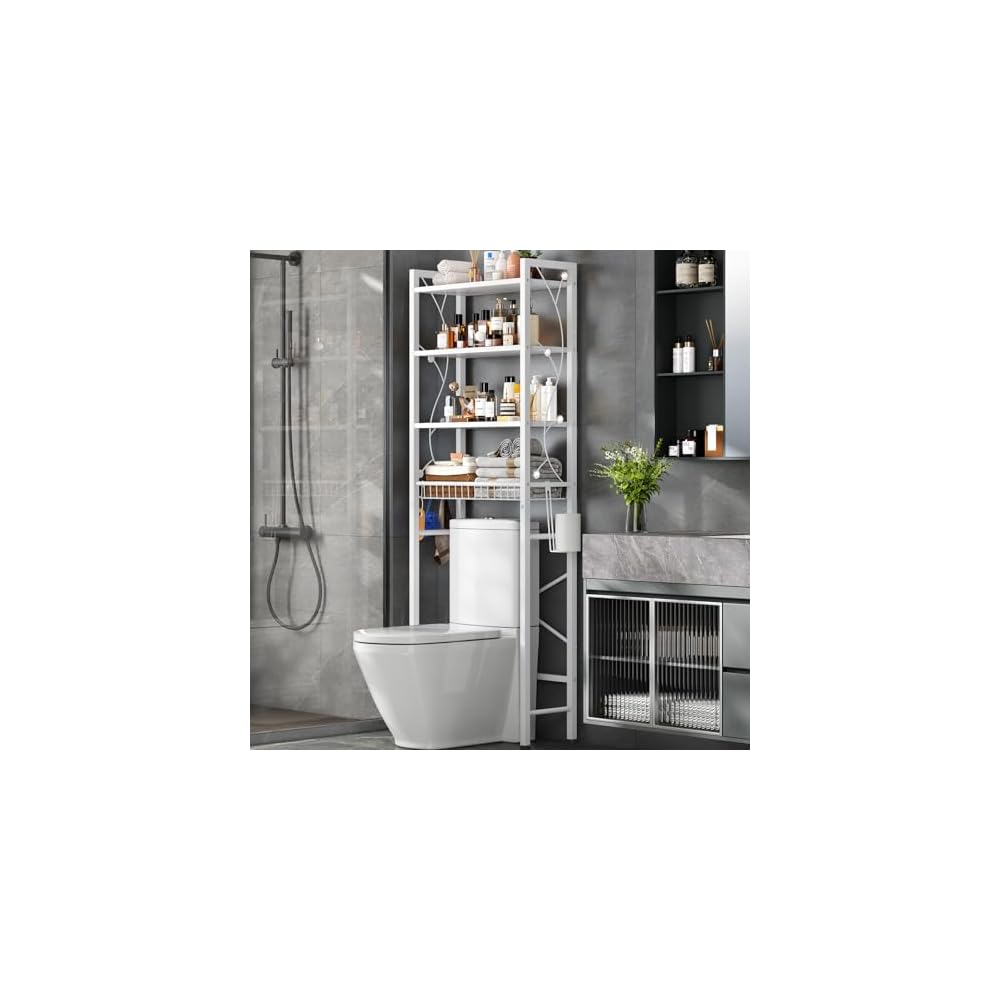 Over-The-Toilet Storage Rack, 4-Tier Bathroom Organizer Shelf Over Toilet with Adjustable Shelf and Basket, Freestanding Space Saver Bathroom Shelves Above Toilet for Room (Rustic Brown)