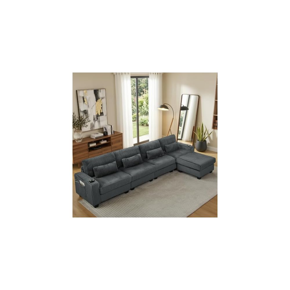 L-Shaped Corduroy Sectional Sofa with Ottoman, Dark Gray
