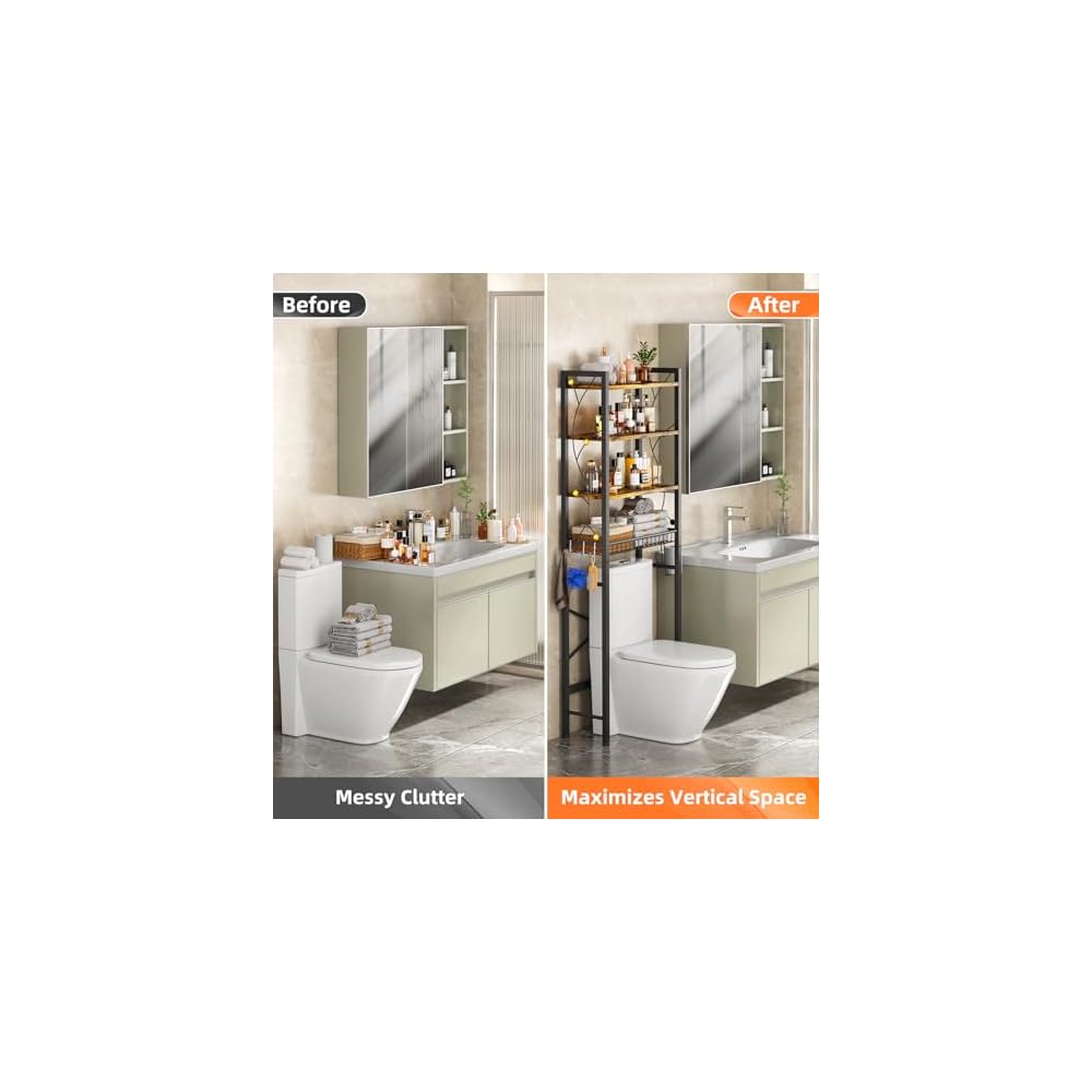 Over-The-Toilet Storage Rack, 4-Tier Bathroom Organizer Shelf Over Toilet with Adjustable Shelf and Basket, Freestanding Space Saver Bathroom Shelves Above Toilet for Room (Rustic Brown)