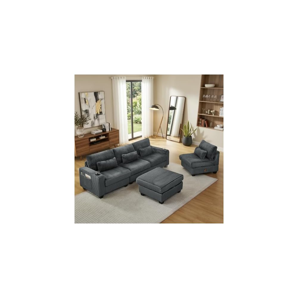 L-Shaped Corduroy Sectional Sofa with Ottoman, Dark Gray