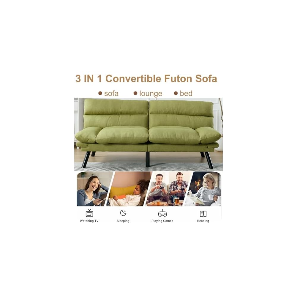 70"Modern Linen Convertible Folding Futon Couch Sofa Bed Adjustable Pillow Top Arm Memory Foam Couch Double Loveseat Sofa for Compact Living Space,Dorm,Game Studio,Apartment,Bedroom (Green)